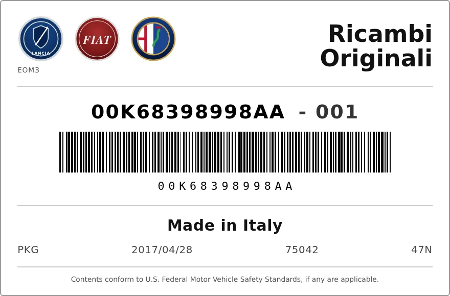 Étiquette OEM ALFA ROMEO 00K68398998AA — CAPOTE
