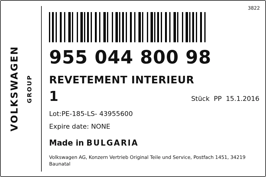 Étiquette OEM AUDI 95504480098 — REVETEMENT INTERIEUR