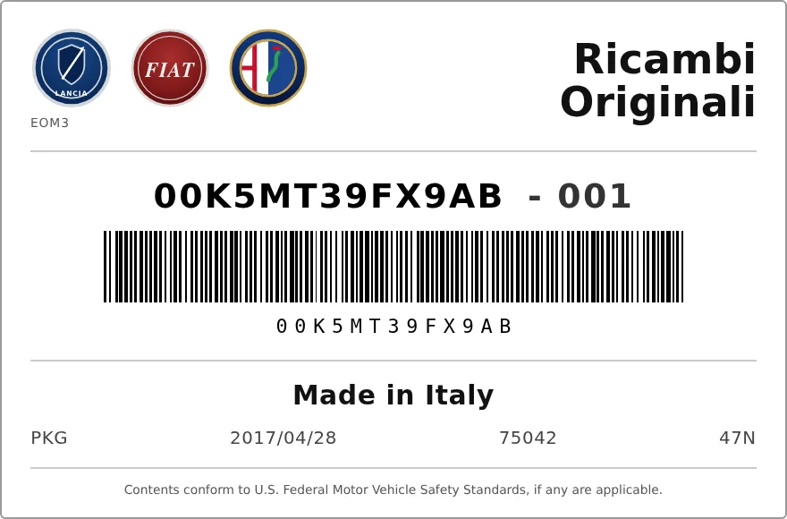 Etichetta OEM FIAT 00K5MT39FX9AB — FOLDING TOP