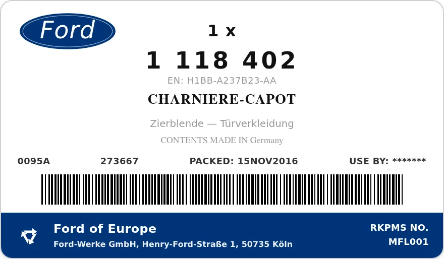 Étiquette OEM FORD 1118402 — CHARNIERE-CAPOT