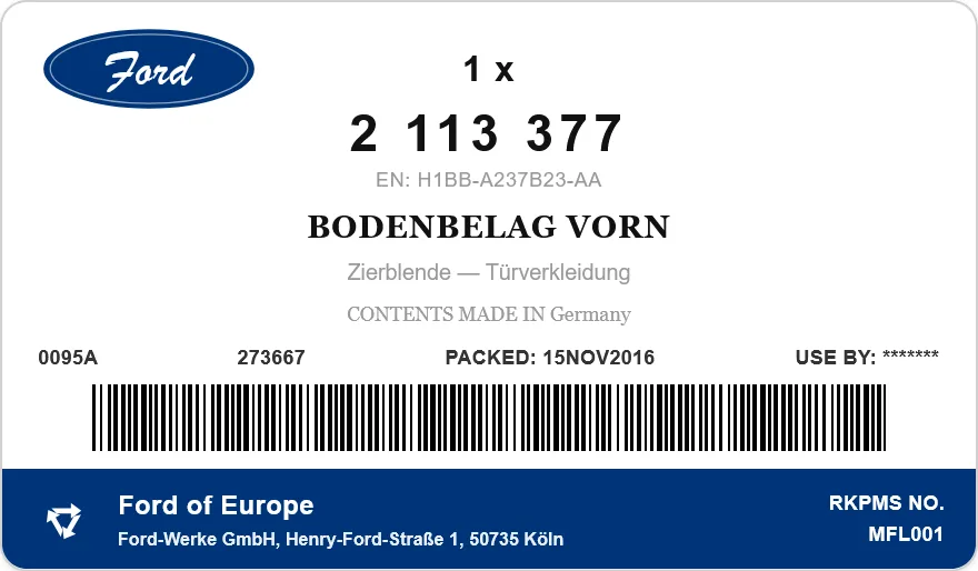 Etiqueta OEM FORD 2113377 — BODENBELAG VORN