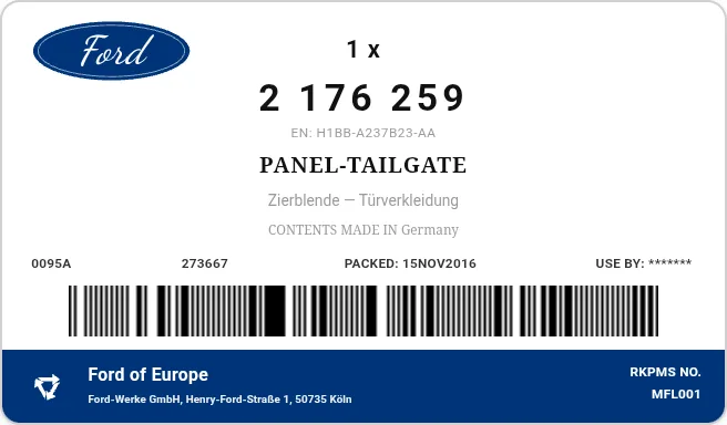 Etiqueta OEM FORD 2176259 — PANEL-TAILGATE