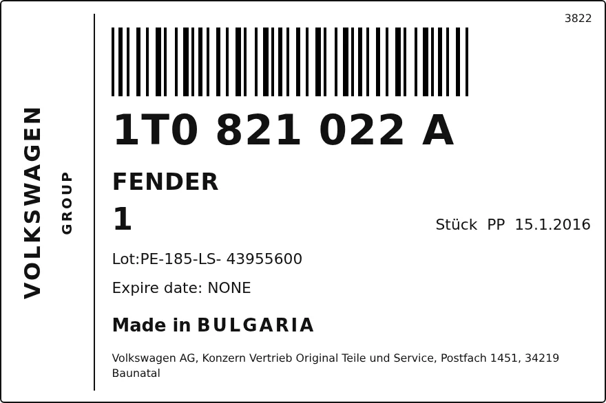 Etichetta OEM SEAT 1T0821022A — FENDER