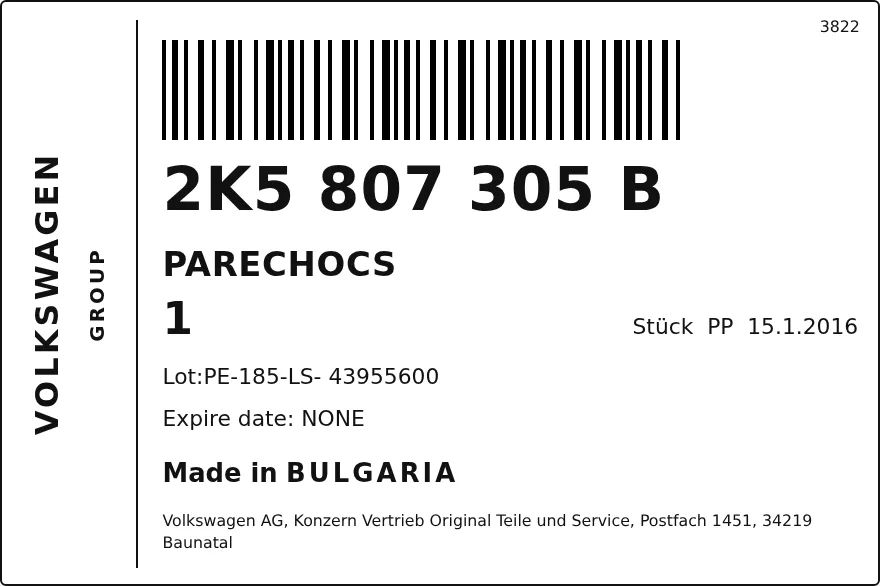 Étiquette OEM SEAT 2K5807305B — PARECHOCS