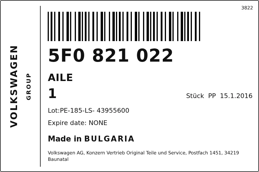 Etichetta OEM SEAT 5F0821022 — AILE