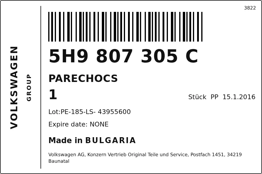 Étiquette OEM SEAT 5H9807305C — PARECHOCS