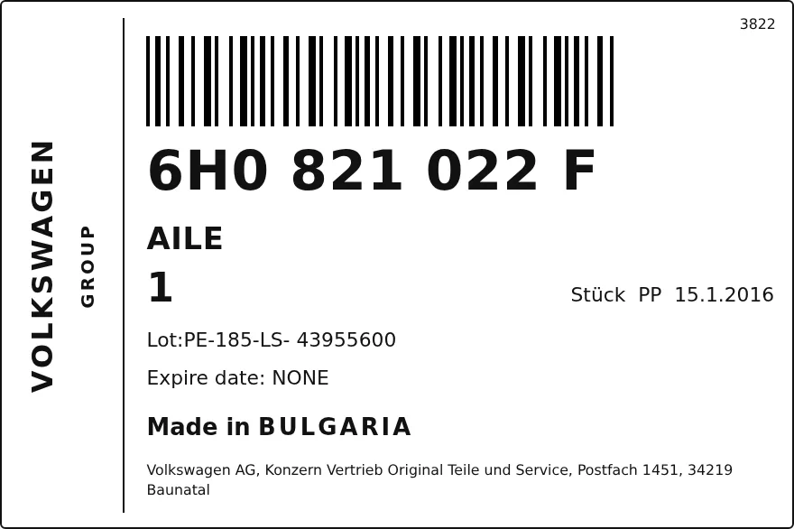 Etichetta OEM SEAT 6H0821022F — FENDER