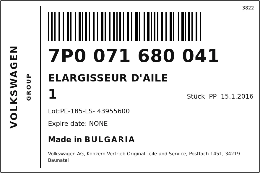Etichetta OEM SEAT 7P0071680041 — ELARGISSEUR D'AILE