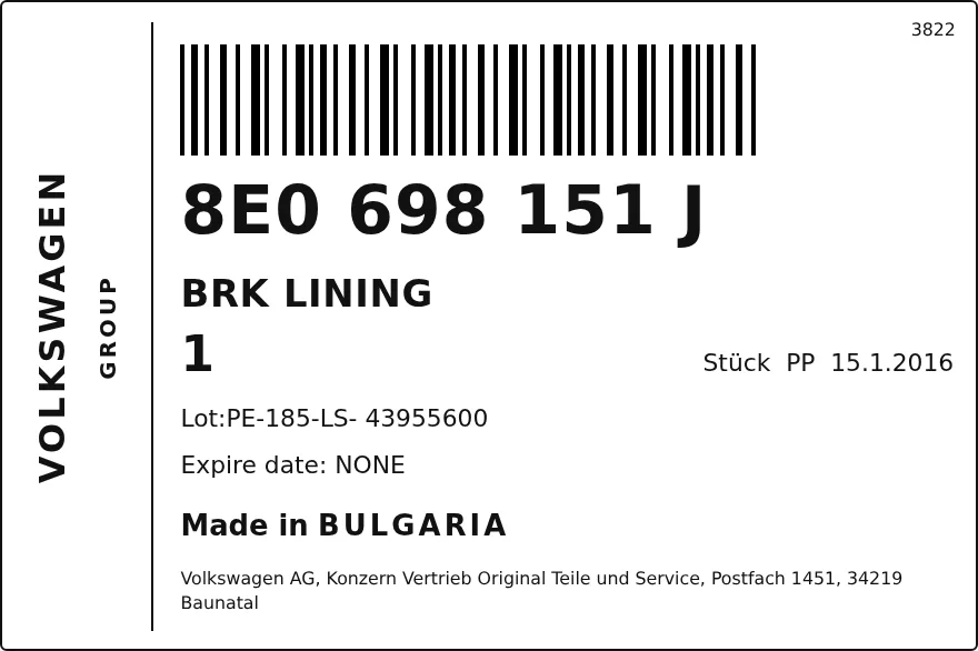 Etichetta OEM SEAT 8E0698151J — BRK LINING