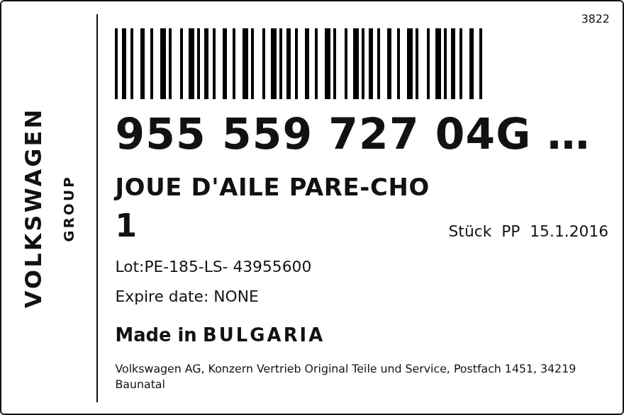 Etichetta OEM SEAT 95555972704G2X — JOUE D'AILE PARE-CHO