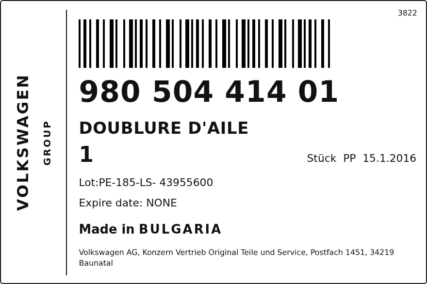 Etichetta OEM SEAT 98050441401 — DOUBLURE D'AILE