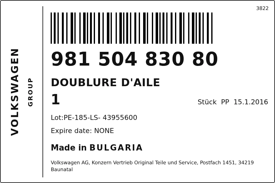 Etichetta OEM SEAT 98150483080 — DOUBLURE D'AILE