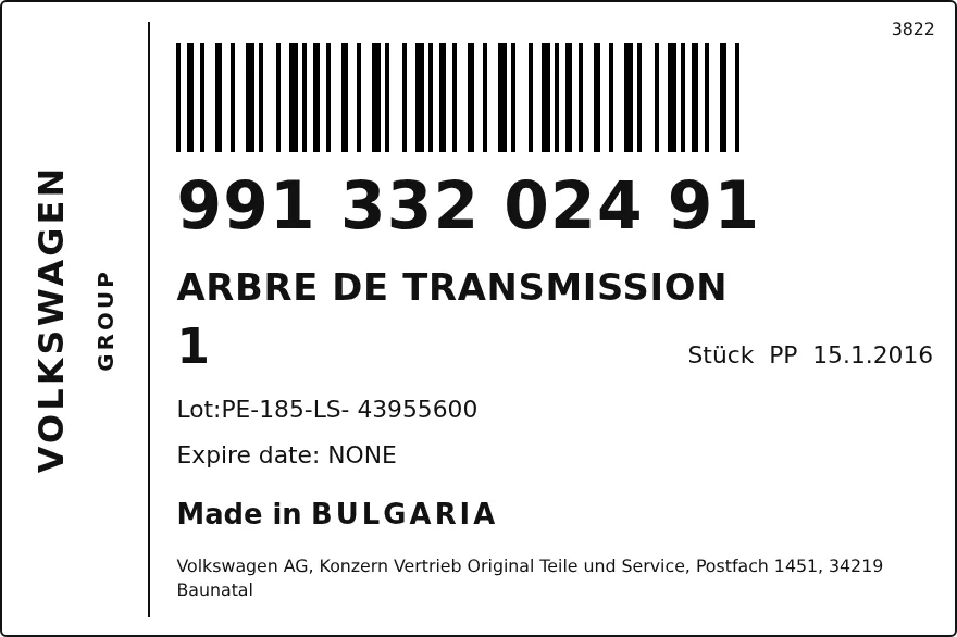 Etichetta OEM SEAT 99133202491 — AANDRIJFAS