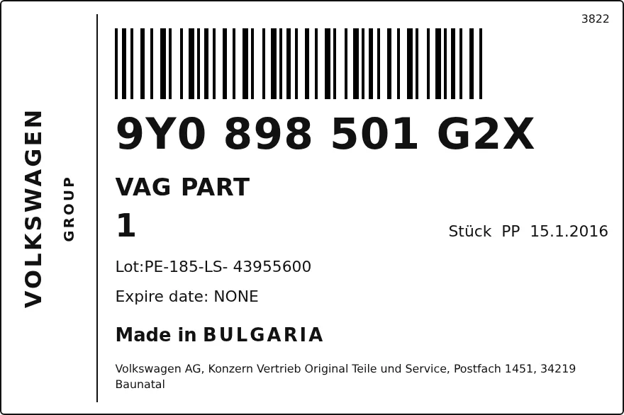 Etichetta OEM SEAT 9Y0898501G2X — VAG PART