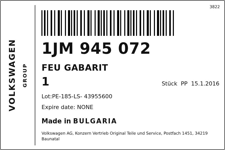 Étiquette OEM SKODA 1JM945072 — FEU GABARIT