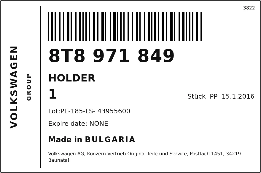 Étiquette OEM SKODA 8T8971849 — SUPPORT