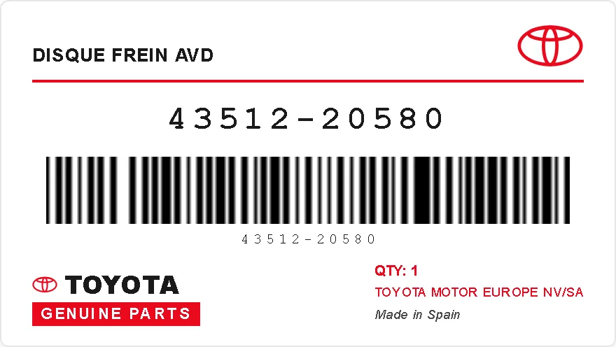 Étiquette OEM TOYOTA 43512-20580 — DISQUE FREIN AVD