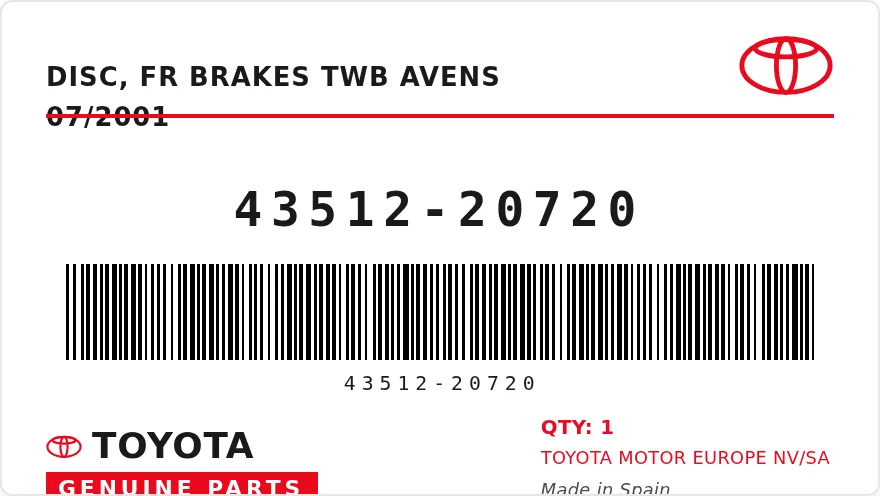 OEM label TOYOTA 43512-20720 — DISC, FR BRAKES TWB AVENS 07/2001