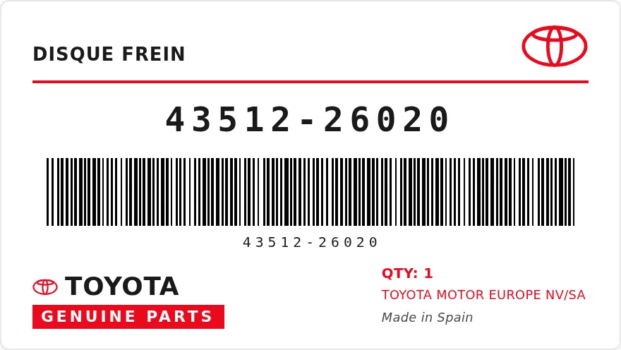 Étiquette OEM TOYOTA 43512-26020 — DISQUE FREIN