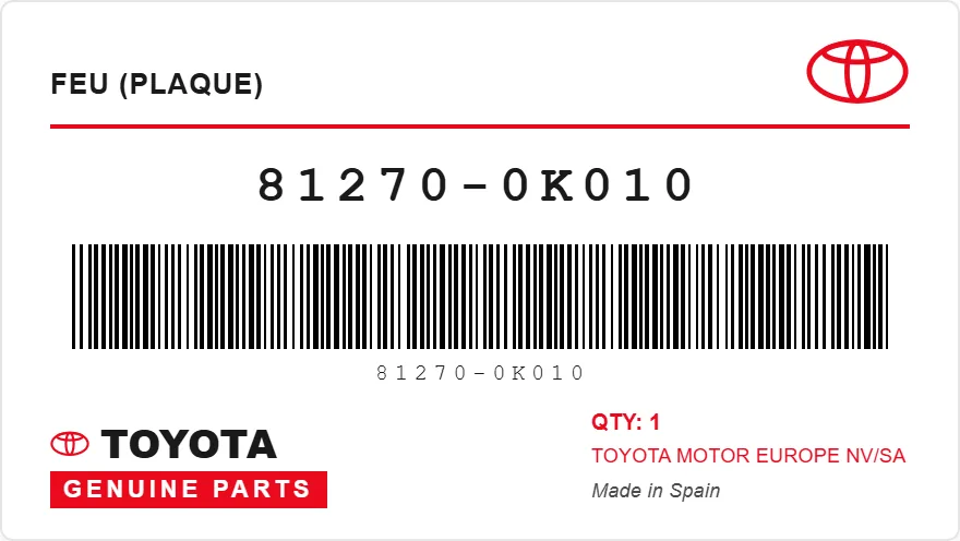 Etichetta OEM TOYOTA 81270-0K010 — LAMP ASSY, LICENSE P