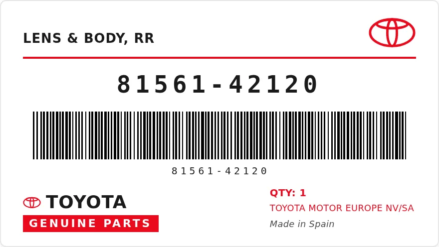 OEM label TOYOTA 81561-42120 — LENS & BODY, RR