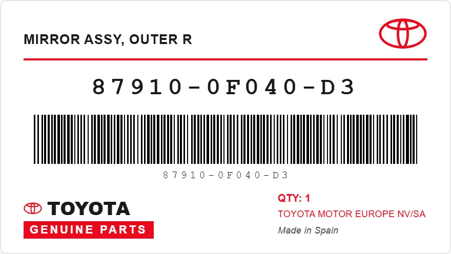 Étiquette OEM TOYOTA 87910-0F040-D3 — RETROVISEUR (extd)