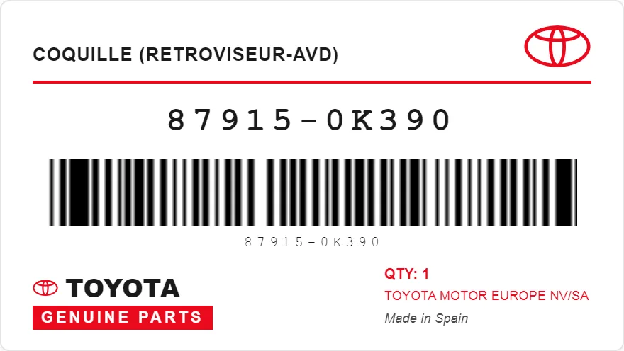 Étiquette OEM TOYOTA 87915-0K390 — COQUILLE (retroviseur-avd)