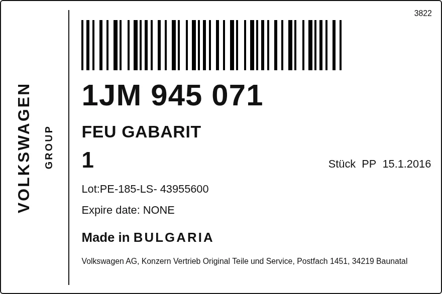 Etichetta OEM VOLKSWAGEN 1JM945071 — MARKER LIG