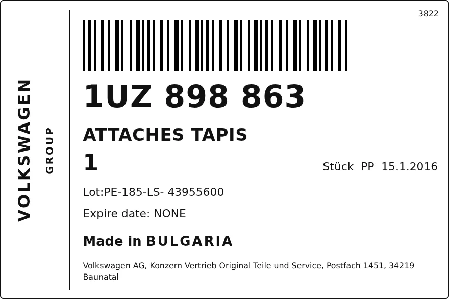 Etiqueta OEM VOLKSWAGEN 1UZ898863 — ATTACHES TAPIS