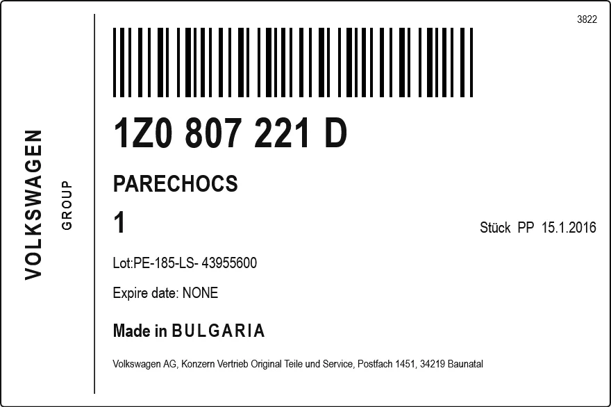 Etiqueta OEM VOLKSWAGEN 1Z0807221D — PARECHOCS