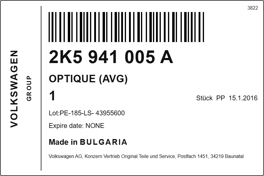 Etichetta OEM VOLKSWAGEN 2K5941005A — HEADLAMP