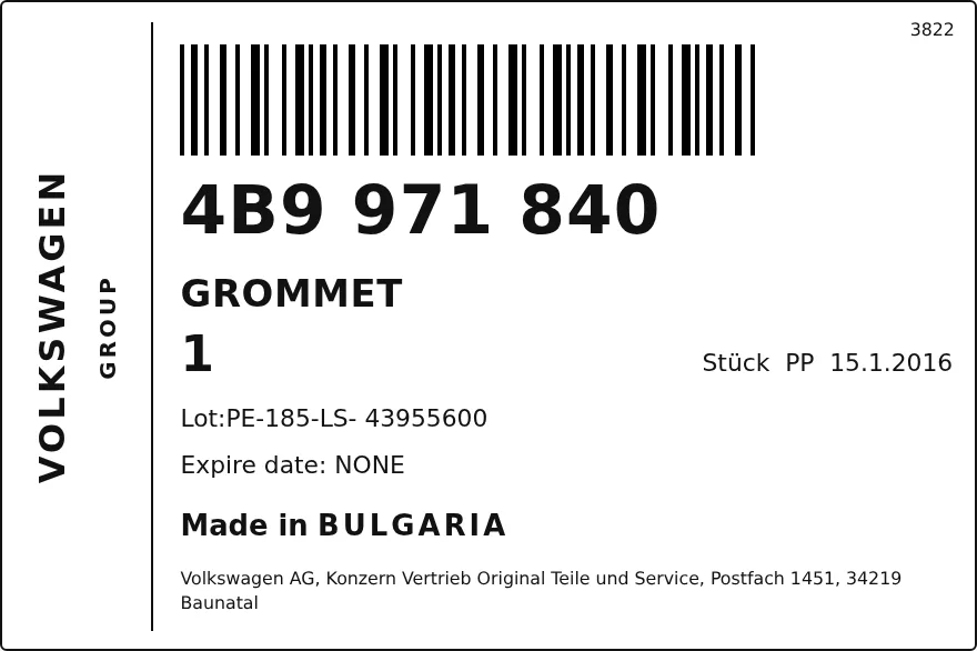 Etiqueta OEM VOLKSWAGEN 4B9971840 — GROMMET
