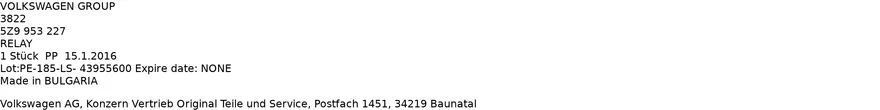 Etichetta OEM VOLKSWAGEN 5Z9953227 — RELAY