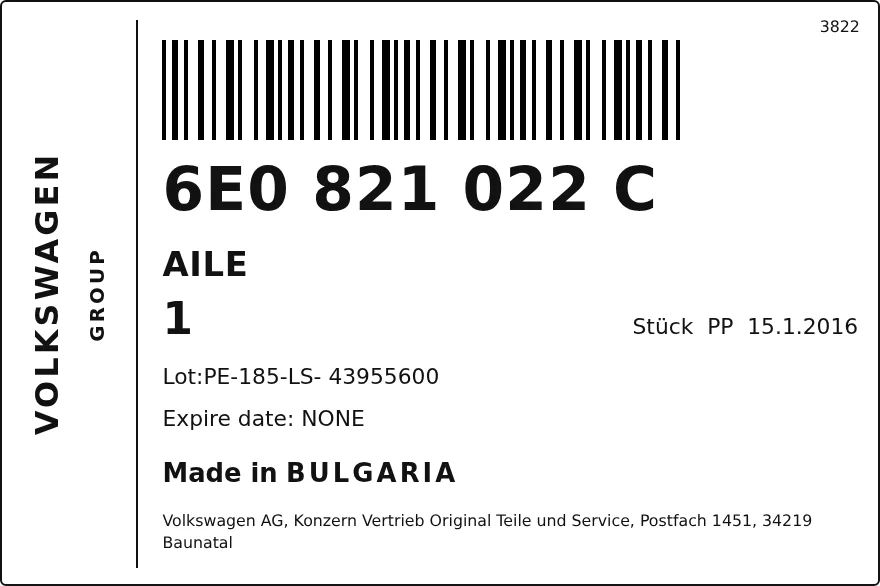 OEM-etiket VOLKSWAGEN 6E0821022C — FENDER