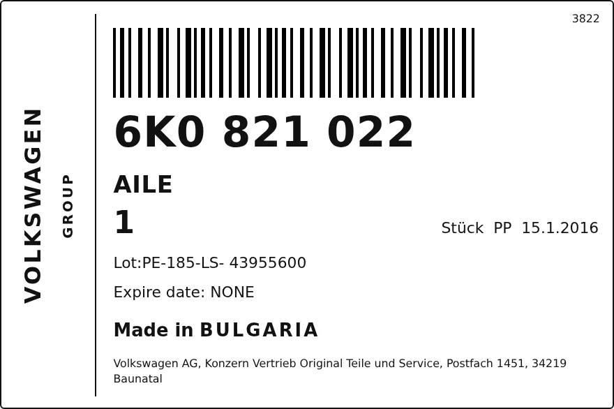 Étiquette OEM VOLKSWAGEN 6K0821022 — AILE