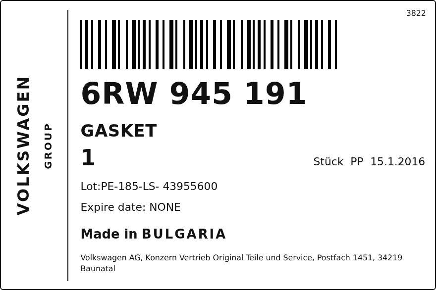 Etichetta OEM VOLKSWAGEN 6RW945191 — GASKET