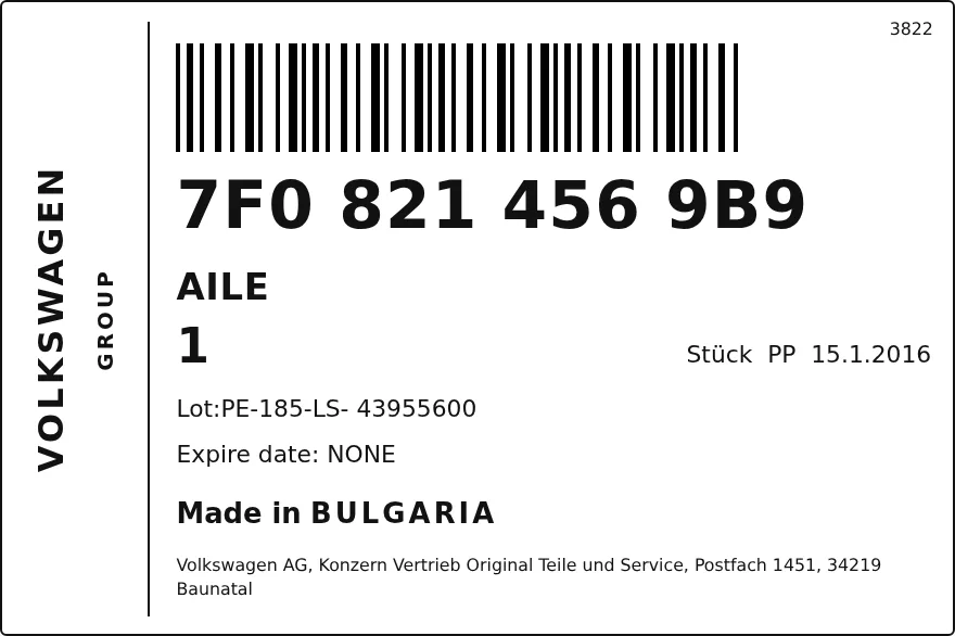 Étiquette OEM VOLKSWAGEN 7F08214569B9 — AILE