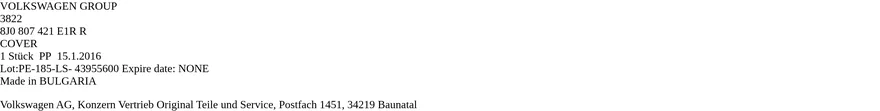 Etiqueta OEM VOLKSWAGEN 8J0807421E1RR — COVER