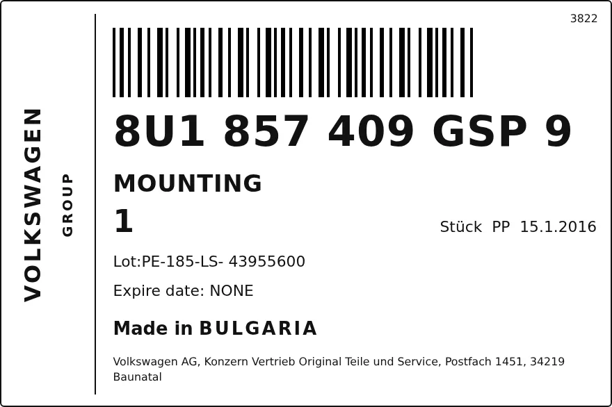 Étiquette OEM VOLKSWAGEN 8U1857409GSP9 — RETROVISEUR