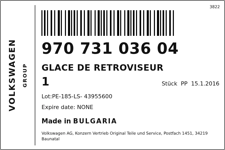 Étiquette OEM VOLKSWAGEN 97073103604 — GLACE DE RETROVISEUR