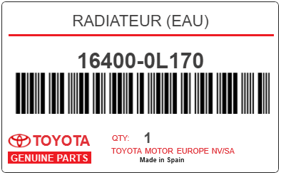 TOYOTA - 16400-0L170 RADIATEUR (eau)