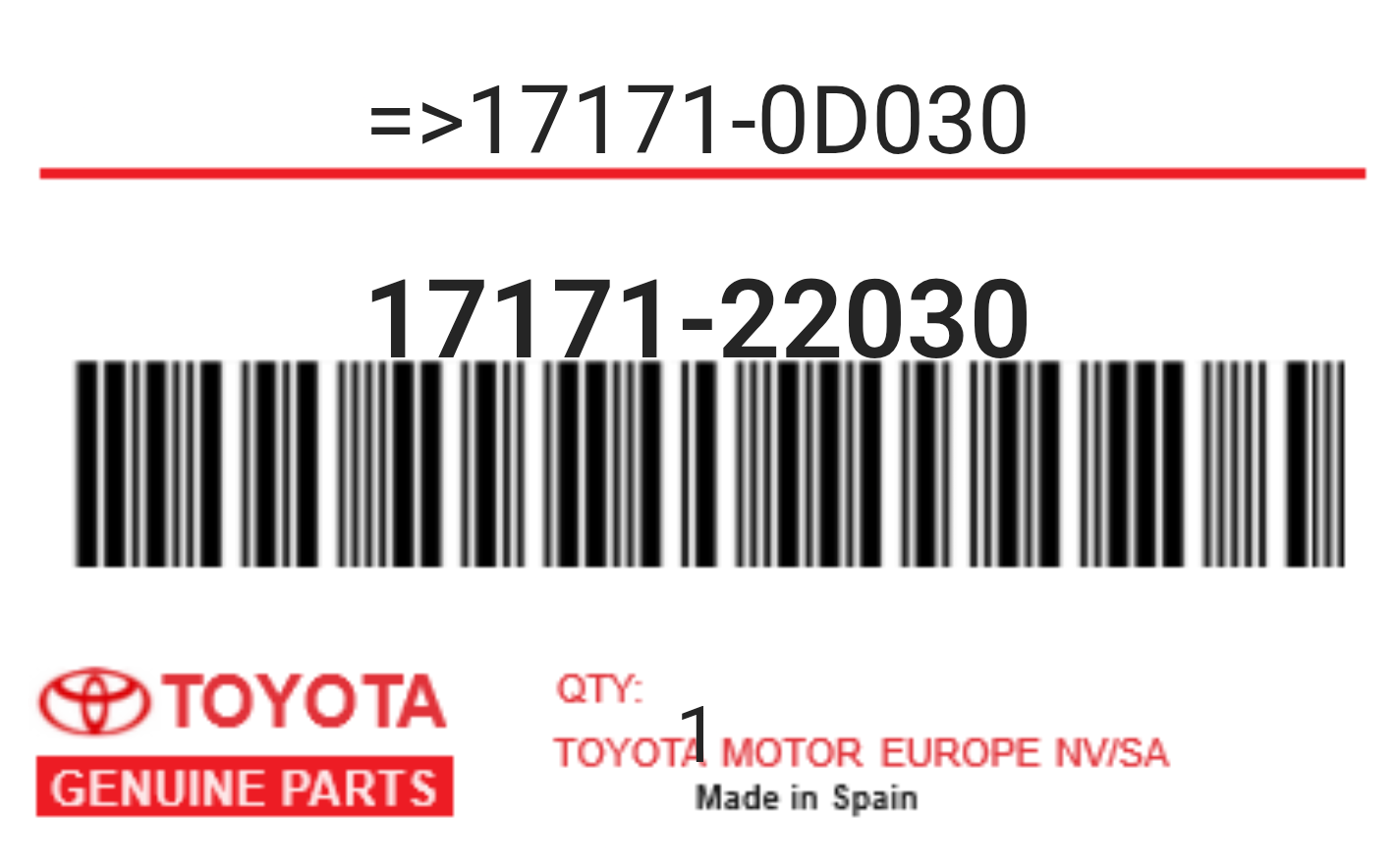 TOYOTA - 17171-22030 REFERENCE REMPLACEE PAR :
