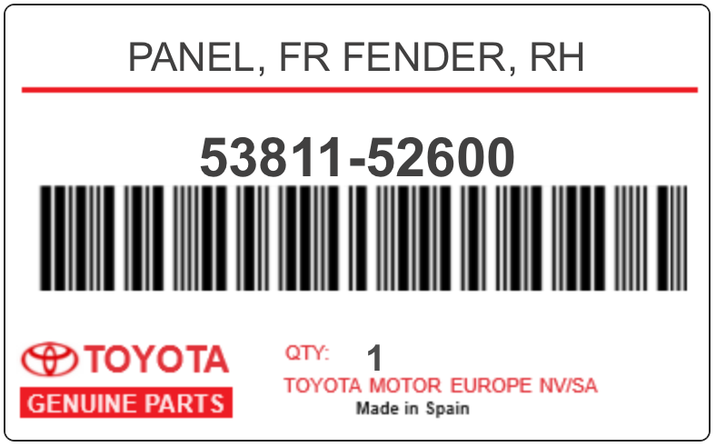 TOYOTA - 53811-52600 PANEL, FR FENDER, RH