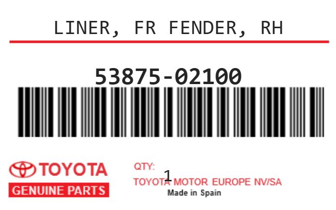 TOYOTA - 53875-02100 LINER, FR FENDER, RH