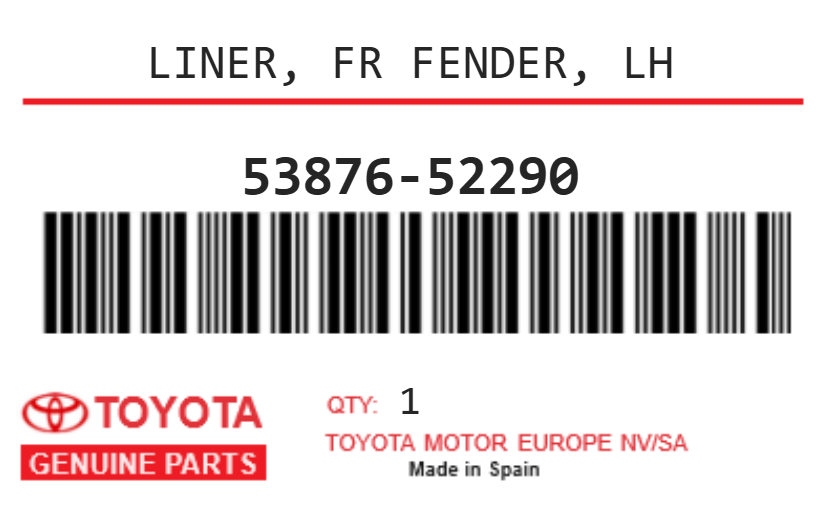 TOYOTA - 53876-52290 LINER, FR FENDER, LH