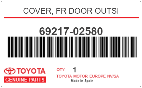 TOYOTA - 69217-02580 COVER, FR DOOR OUTSI