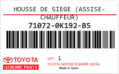TOYOTA - 71072-0K192-B5 HOUSSE DE SIEGE (assise-chauffeur)