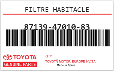 TOYOTA - 87139-47010-83 FILTRE HABITACLE