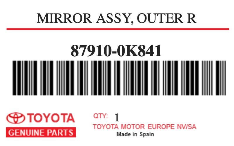 TOYOTA - 87910-0K841 MIRROR ASSY, OUTER R