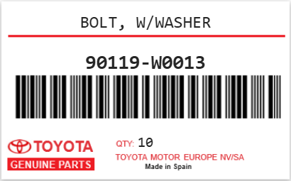 TOYOTA - 90119-W0013 BOLT, W/WASHER